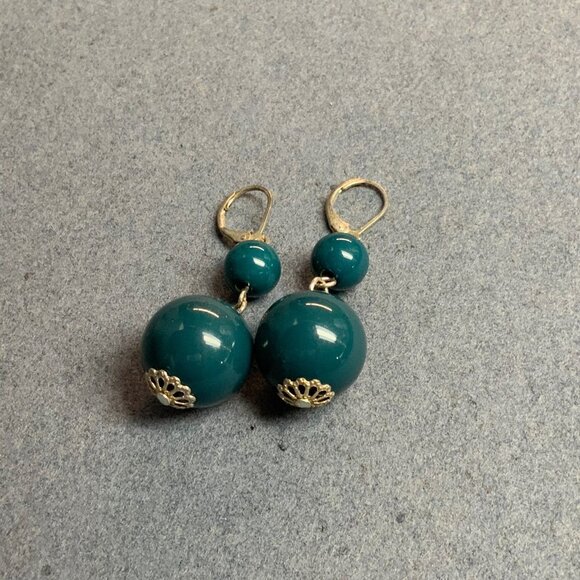 Double Dangle Pierced Earrings 2.5 In Round Bead Teal Blue Silver Drop Vintage - Picture 3 of 4